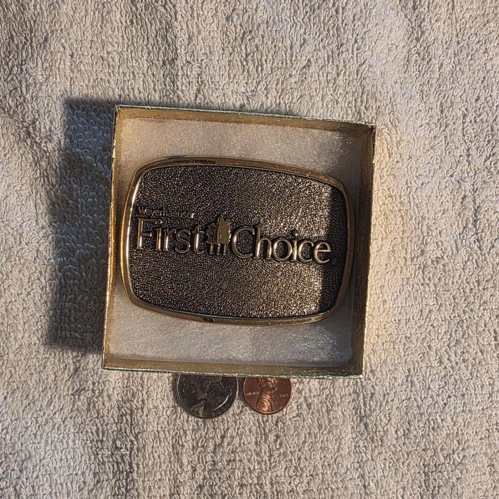 Vintage 1983 Metal Belt Buckle, Brass, Weyerhaeuser, First Choice, Lumber, Nice Western Design