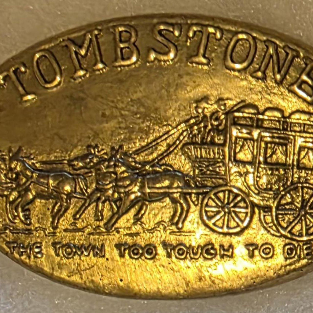 Vintage Metal Belt Buckle, Brass, Tombstone, The Town Too Tough To Die, Stagecoach, Horses, Town, Nice Western Design