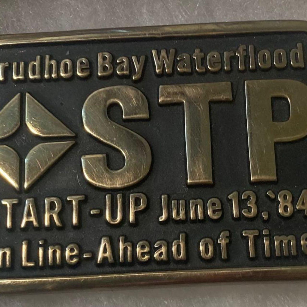 Vintage 1984 Metal Belt Buckle, Brass, Prudhoe Bay Waterflood, STP, On Line, Ahead of Time, Oil Recovery, 3 1/2" x 2 1/2", Cowboy Style