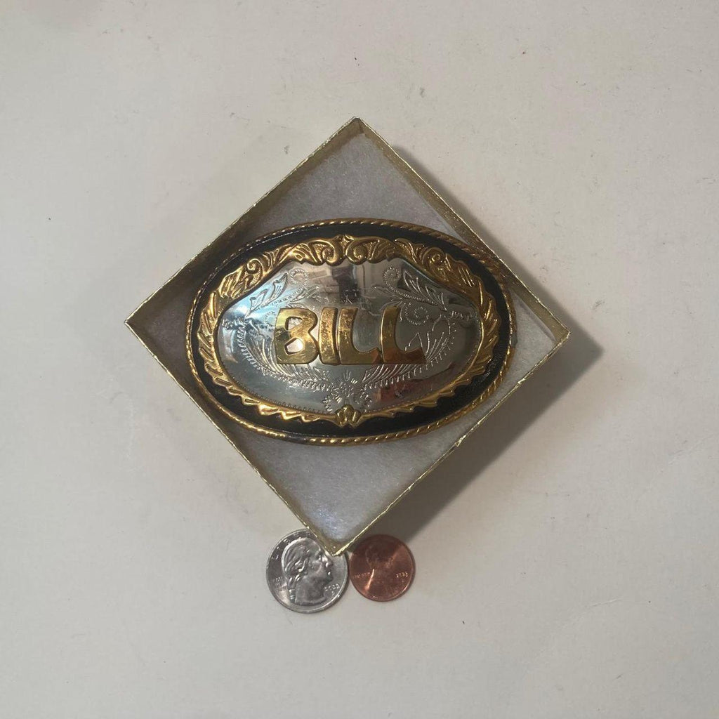 Vintage Metal Belt Buckle, German Silver and Brass, Bill, Billy, William, Nice Western Style Design, 3 3/4" x 2 1/2", Heavy Duty, Quality