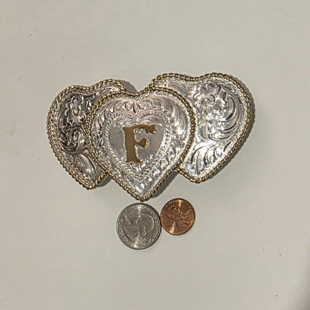 Vintage Metal Belt Buckle, Brass and Silver, Three Hearts, Letter F, Initial F, Rodeo, Nice Western Style Design