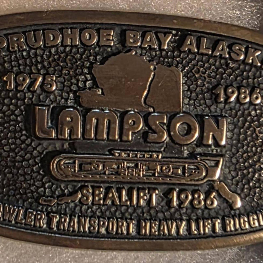 Vintage 1986 Metal Belt Buckle, Solid Brass, Prudhoe Bay, Alaska, Lampson, Sealift, Crawlers Transport Heavy Lift Rigging