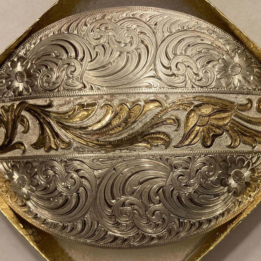 Vintage Metal Belt Buckle, Silver and Brass, Angie and BJ, 2 of Hearts Forever, Montana Silversmiths, Nice Western Design, 4" x 3"