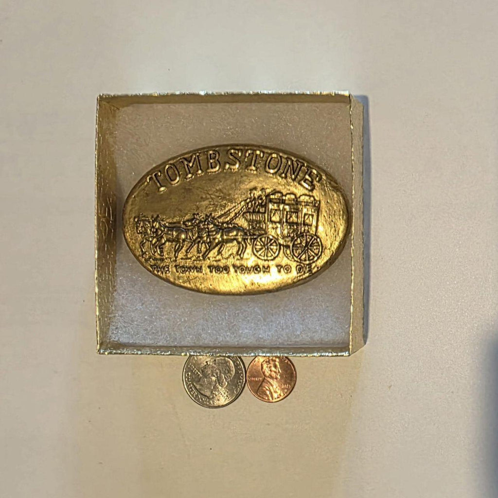 Vintage Metal Belt Buckle, Brass, Tombstone, The Town Too Tough To Die, Stagecoach, Horses, Town, Nice Western Design