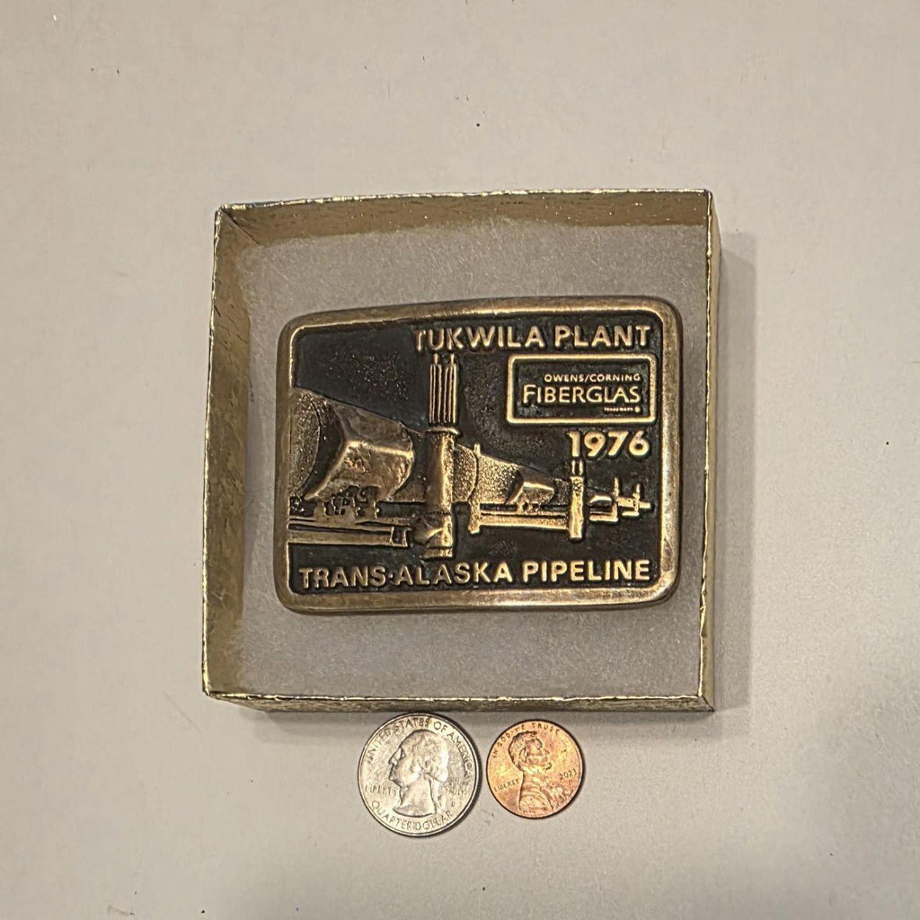 Vintage 1976 Metal Belt Buckle, Brass, Trans Alaska Pipeline, Tukwila Plant, Fiberglas, Nice Western Design