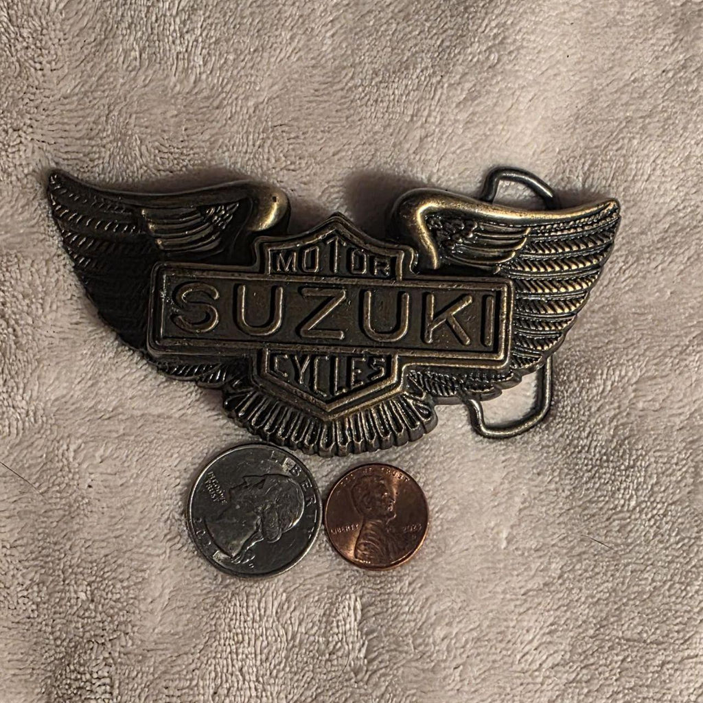 Vintage Metal Belt Buckle, Brass, Suzuki Motor Cycles, Motorcycle, Bike, Wings