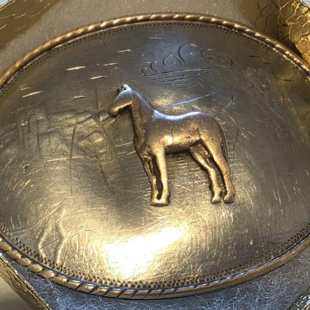 Vintage Metal Belt Buckle,  German Silver and Brass, Horse, Pony, Irvine & Jachens, Does Have A Dent, Can Be Pounded Out or Left