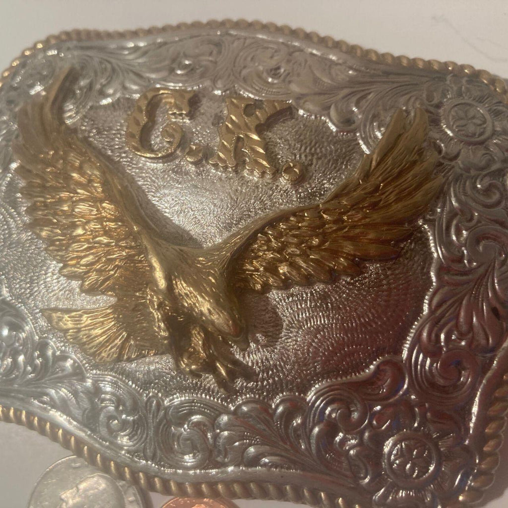 Vintage Metal Belt Buckle, Silver and Brass, Letters CK, Eagle, Crumrine, Big Size, Nice Western Design, 4 1/2" x 3 1/4", Heavy Duty