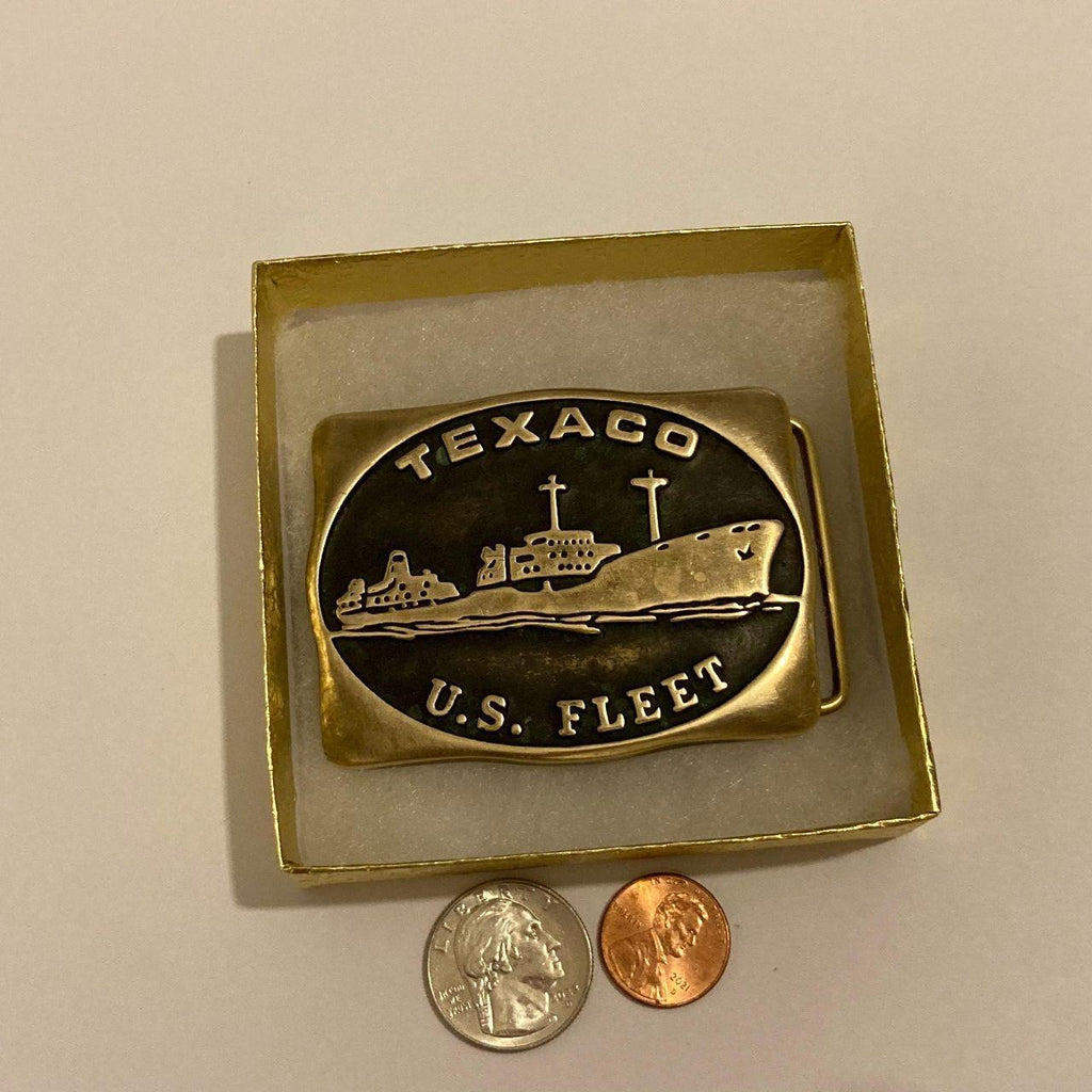 Vintage 1983 Metal Belt Buckle, Brass, Texaco, U.S. Fleet, Shipping, Oil, Petroleum, Energy Oiler, Nice Design, 3" x 2 1/4", Heavy Duty