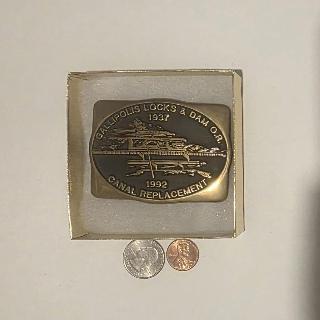Vintage 1992 Metal Belt Buckle, Solid Brass, Gallipolis Locks & Dam, Canal Replacement, Nice Design