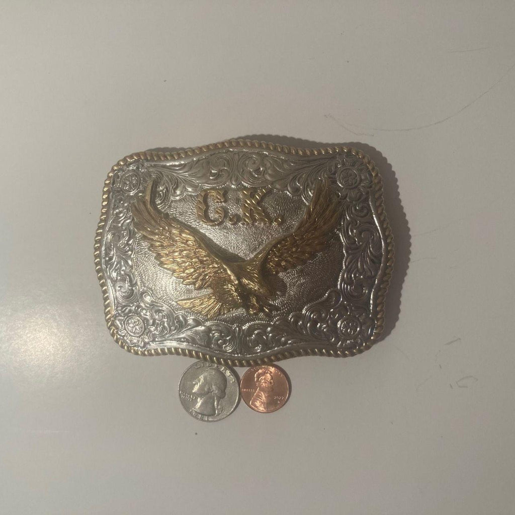 Vintage Metal Belt Buckle, Silver and Brass, Letters CK, Eagle, Crumrine, Big Size, Nice Western Design, 4 1/2" x 3 1/4", Heavy Duty
