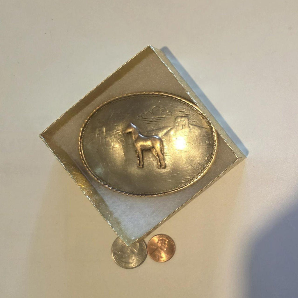 Vintage Metal Belt Buckle,  German Silver and Brass, Horse, Pony, Irvine & Jachens, Does Have A Dent, Can Be Pounded Out or Left