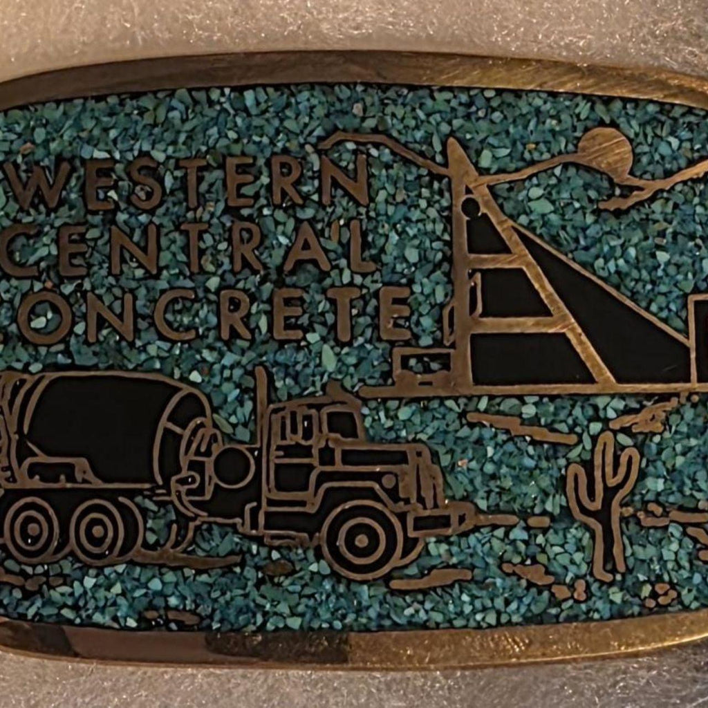 Vintage Metal Belt Buckle, Solid Brass, Blue Crushed Turquoise Stones, Western Central Concrete, Cement