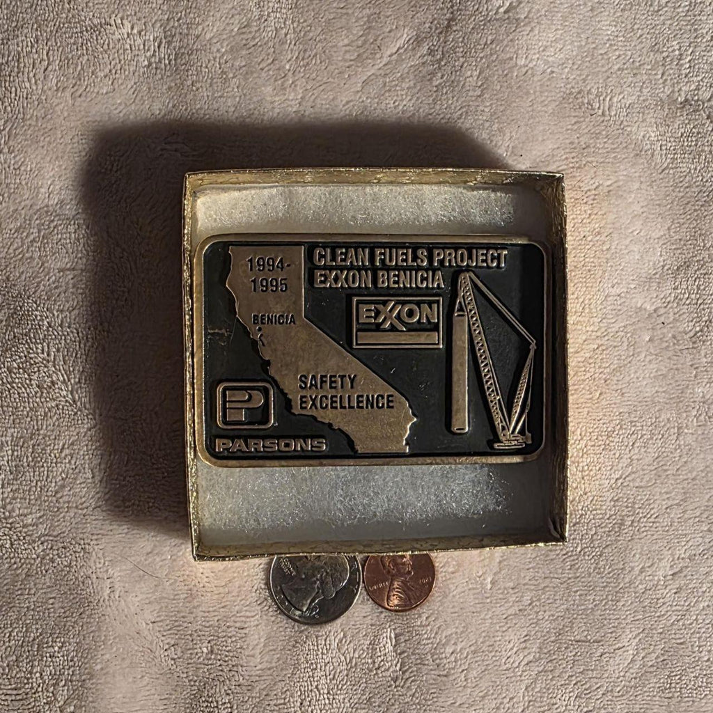 Vintage 1995 Metal Belt Buckle, Brass, Exxon, Clean Fuels Project, Benicia, Parsons, Drilling, Gas, Fuel, Energy