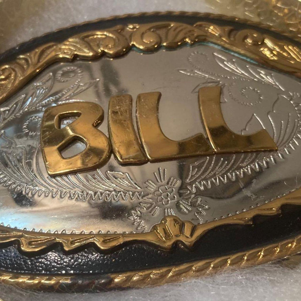 Vintage Metal Belt Buckle, German Silver and Brass, Bill, Billy, William, Nice Western Style Design, 3 3/4" x 2 1/2", Heavy Duty, Quality