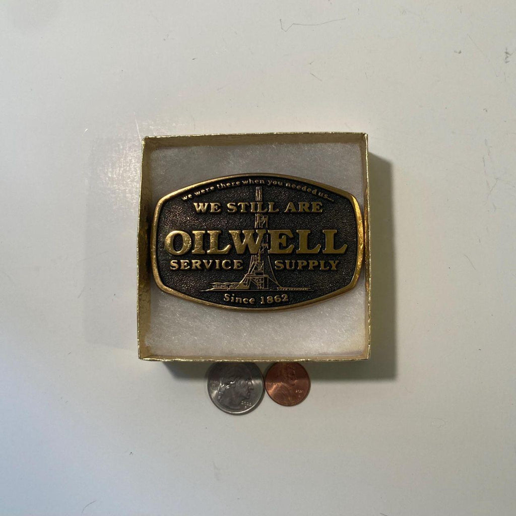 Vintage 1981 Metal Belt Buckle, Brass, We Still Are Oilwell Service Supply, Petroleum, Gas, Energy, Oil, Nice Design, 3 1/2" x 2 1/4"