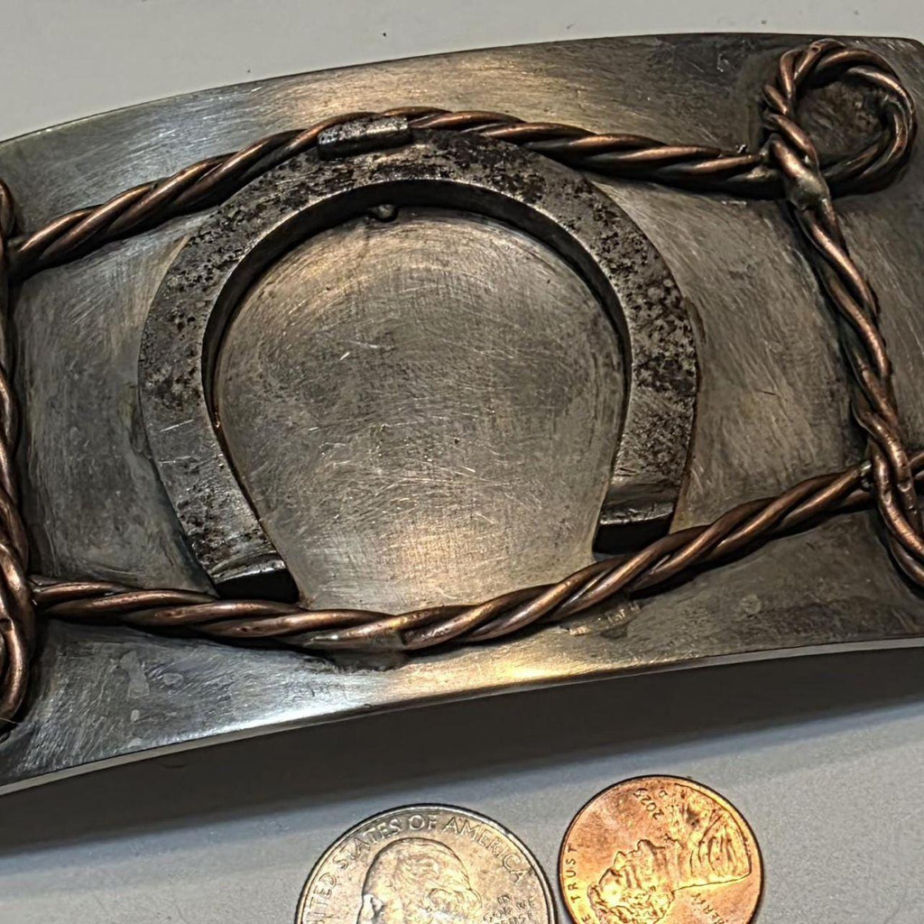 Vintage Western Belt Buckle - Horseshoe and Copper-Tone Wire Design