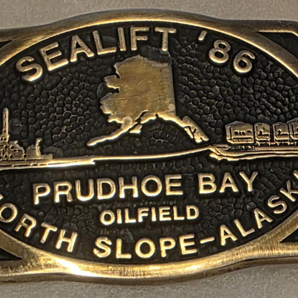 Vintage 1986 Metal Belt Buckle, Brass, Sealift 86', Prudhoe Bay, Alaska, Oilfield, North Slope, Nice Western Design
