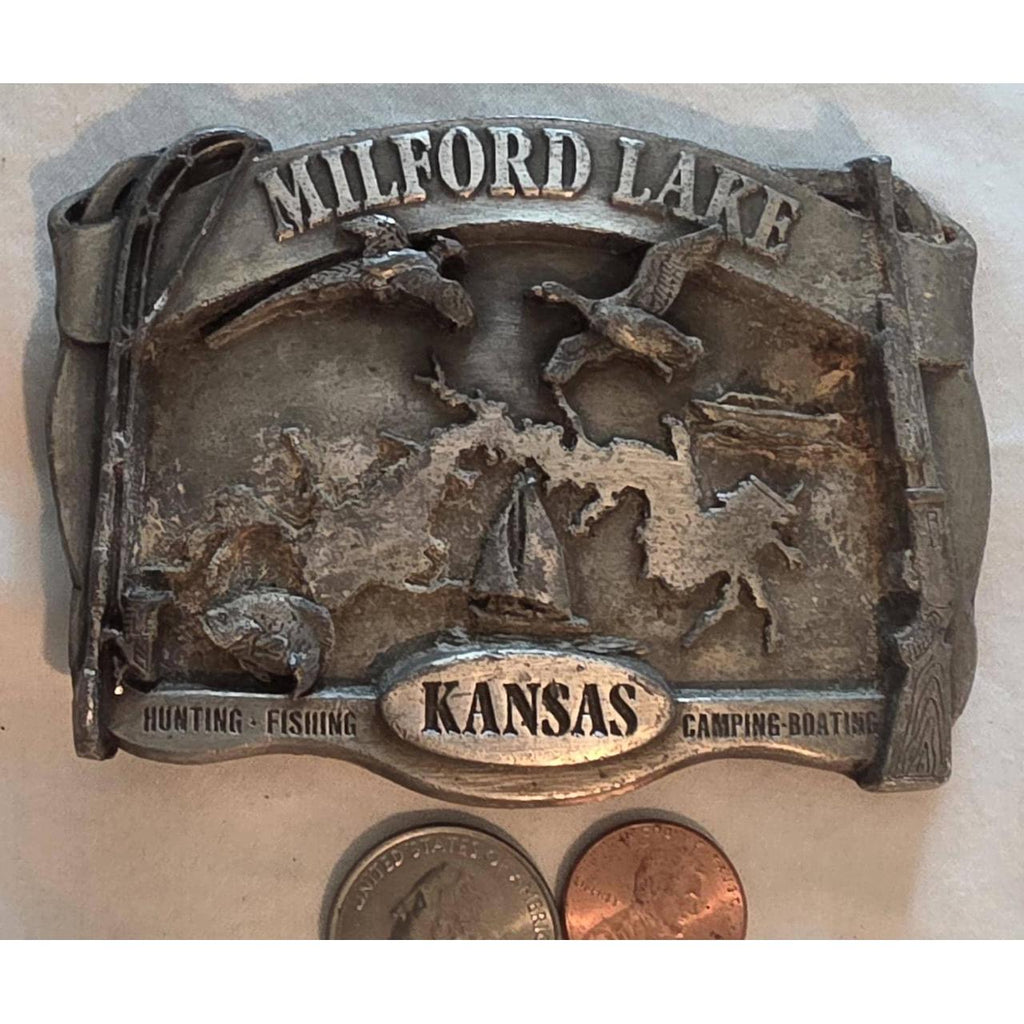 Vintage 1987 Metal Belt Buckle, Milford Lake, Kansas, Nice Western Design