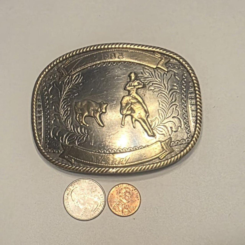 Vintage 1983 Metal Belt Buckle, German Silver and Brass, Calf Roping, Larry, Nice Western Style Design