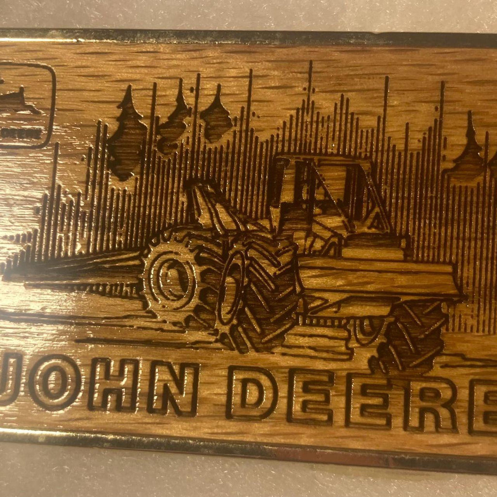 Vintage 1985 Metal Belt Buckle, Brass and Wood, John Deere, Tractor, Farming, Farmer, Log Steer, Logging, AG, Heavy Duty, Quality