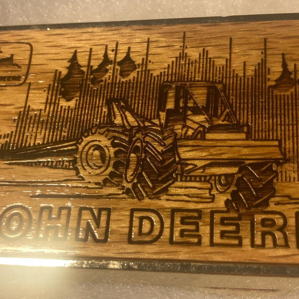 Vintage 1985 Metal Belt Buckle, Brass and Wood, John Deere, Tractor, Farming, Farmer, Log Steer, Logging, AG, Heavy Duty, Quality