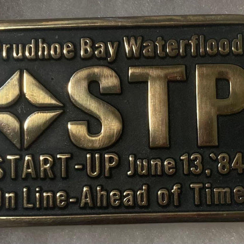 Vintage 1984 Metal Belt Buckle, Brass, Prudhoe Bay Waterflood, STP, On Line, Ahead of Time, Oil Recovery, 3 1/2" x 2 1/2", Cowboy Style