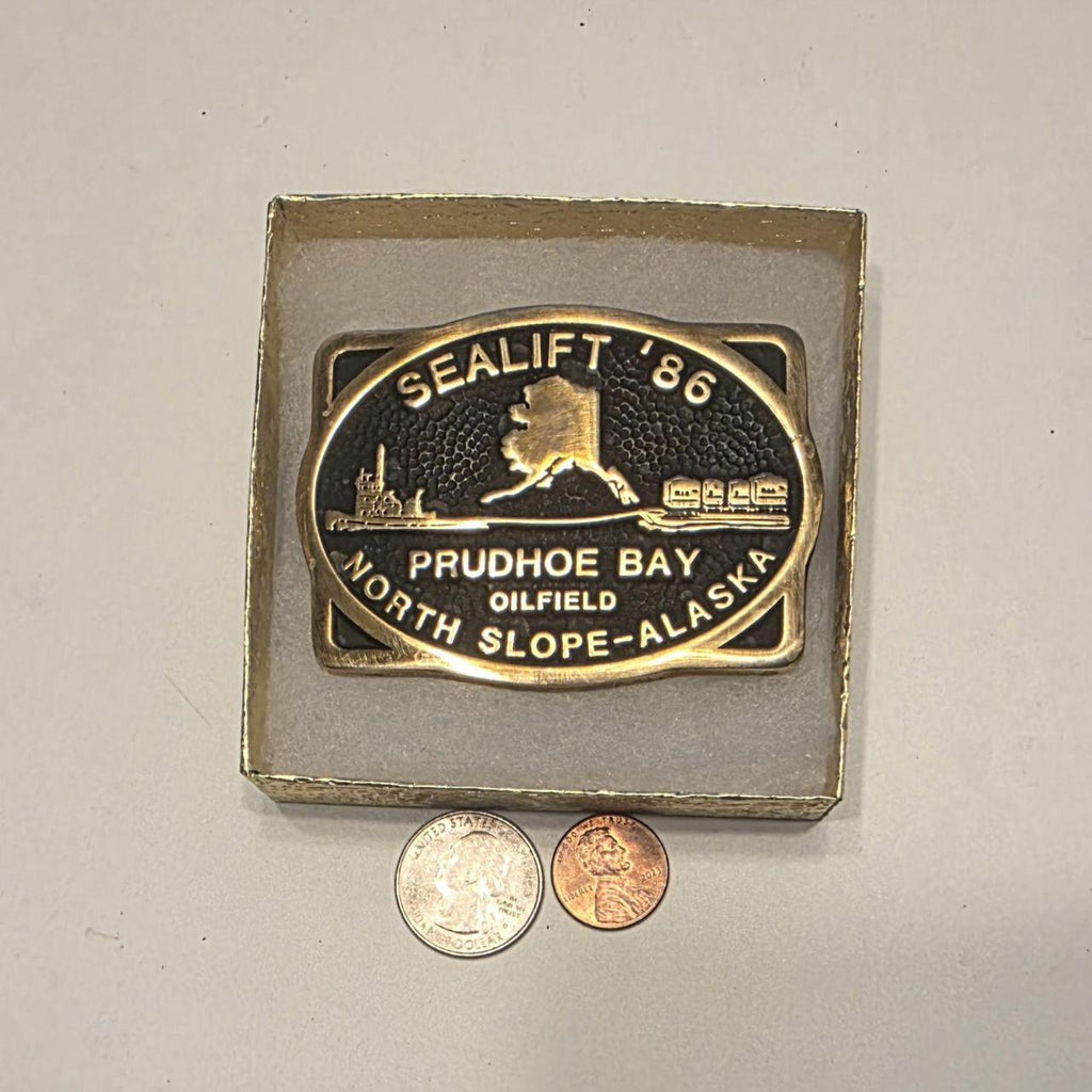 Vintage 1986 Metal Belt Buckle, Brass, Sealift 86', Prudhoe Bay, Alaska, Oilfield, North Slope, Nice Western Design