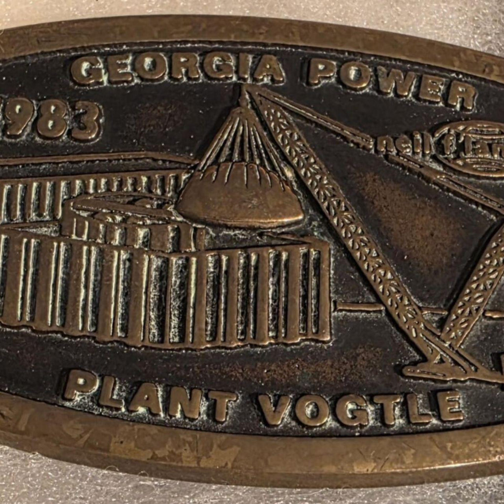 Vintage 1982 Metal Belt Buckle, Brass, Georgia Power Plant, Vogtle, Nice Western Design