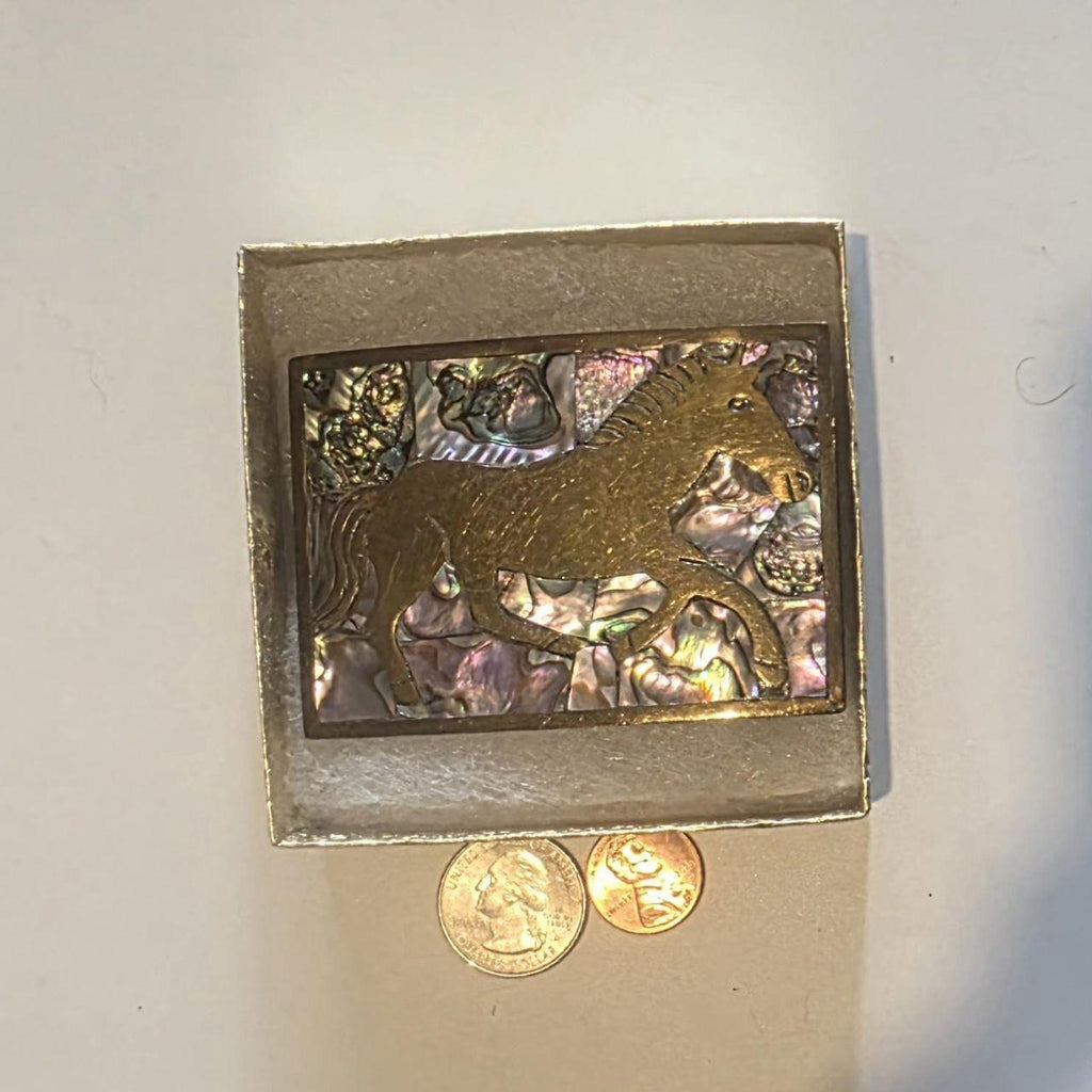 Vintage Metal Belt Buckle, Abalone and Pony Design, Horse, Mustang, Nice Western Style Design