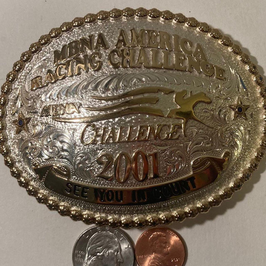 Vintage 2001 Metal Belt Buckle, MBNA America Racing Challenge, See You in Court, Silver and Brass, Horse Racing, Montana Silversmiths