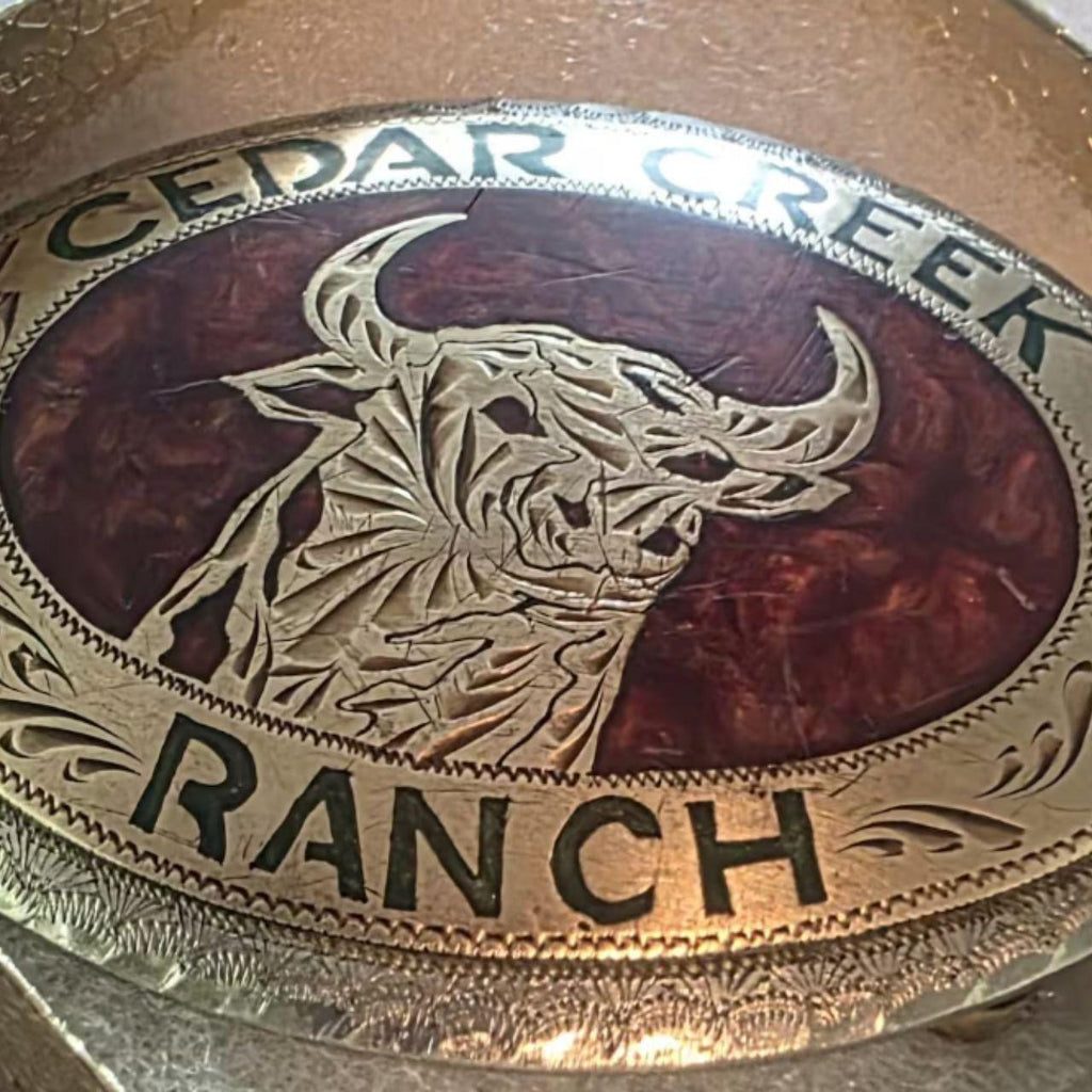 Vintage Metal Belt Buckle, Brass and Silver, Bull, Steer, Cedar Creek Ranch, Nice Western Design