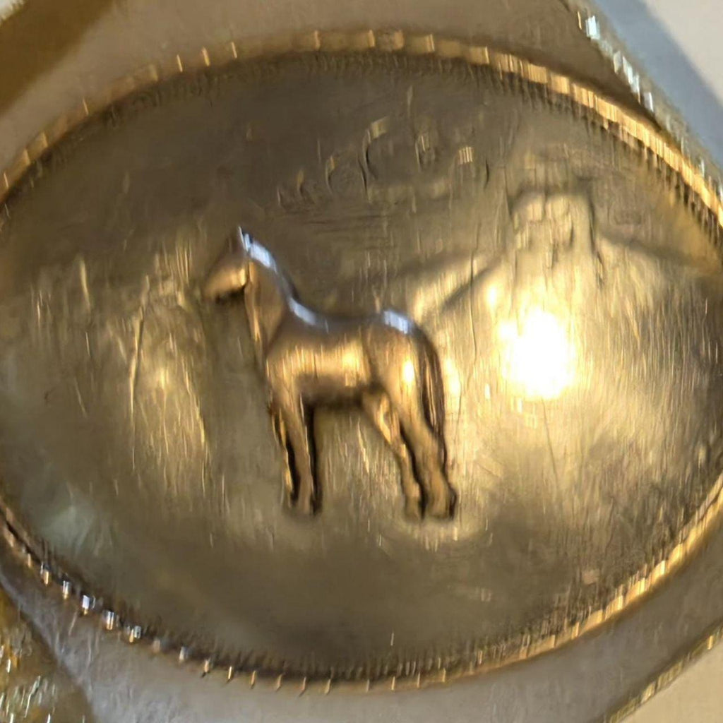 Vintage Metal Belt Buckle,  German Silver and Brass, Horse, Pony, Irvine & Jachens, Does Have A Dent, Can Be Pounded Out or Left