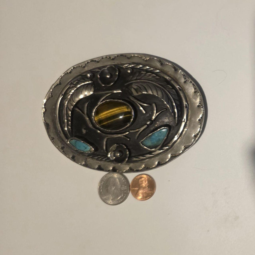 Vintage Metal Belt Buckle, Silver and Turquoise, Feathers, Big Size, Nice Western Style Design