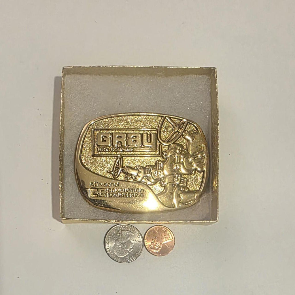 Vintage 1978 Metal Belt Buckle, Brass, Gray Tool Company, Combustion Engineering, Nice Western Style Design