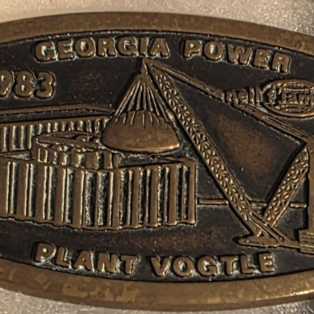 Vintage 1982 Metal Belt Buckle, Brass, Georgia Power Plant, Vogtle, Nice Western Design