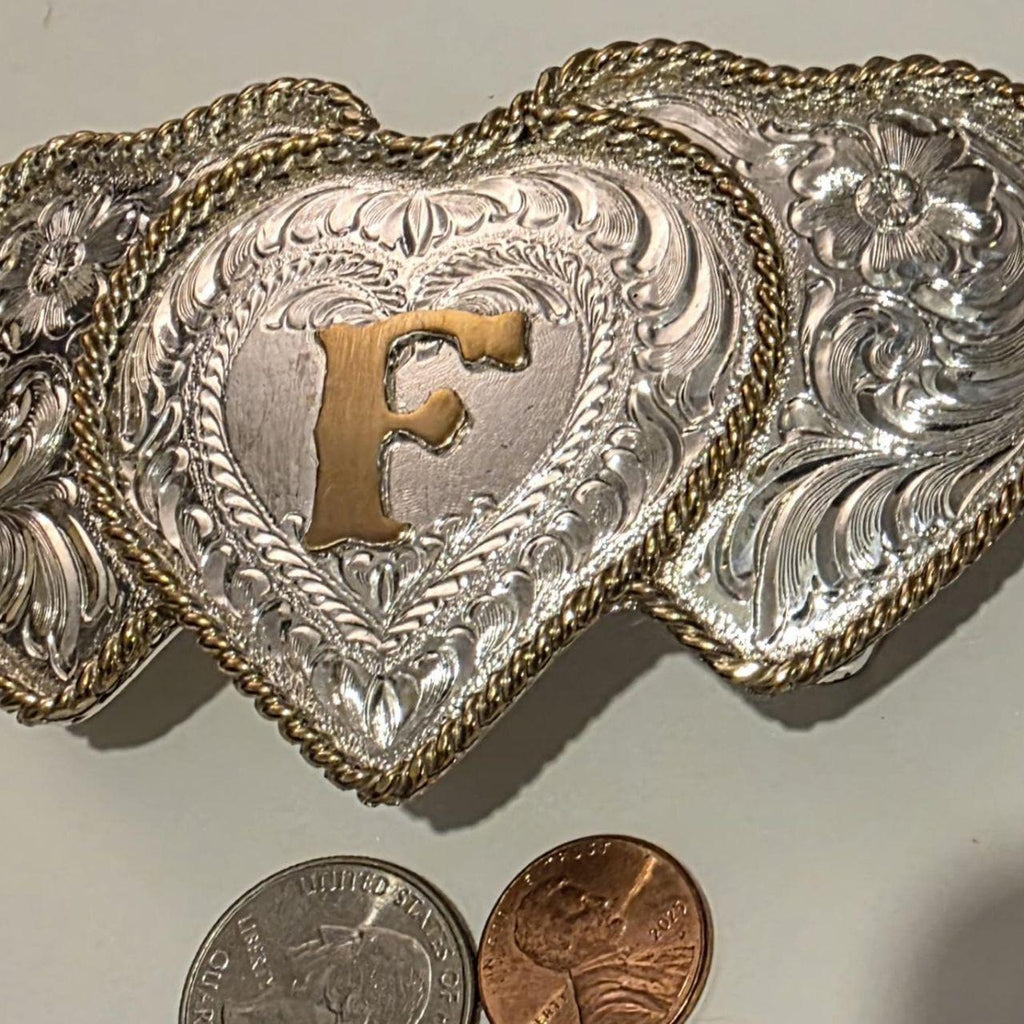 Vintage Metal Belt Buckle, Brass and Silver, Three Hearts, Letter F, Initial F, Rodeo, Nice Western Style Design