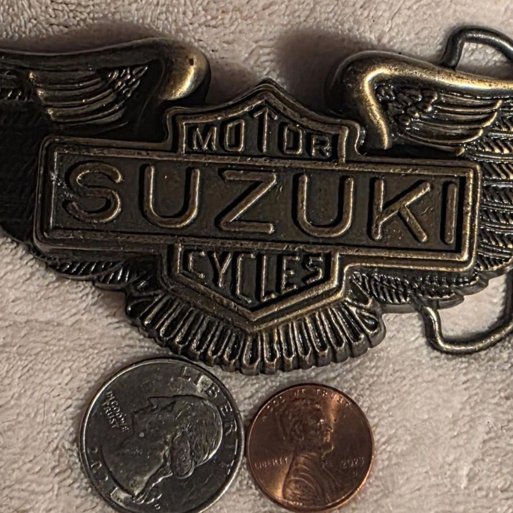 Vintage Metal Belt Buckle, Brass, Suzuki Motor Cycles, Motorcycle, Bike, Wings