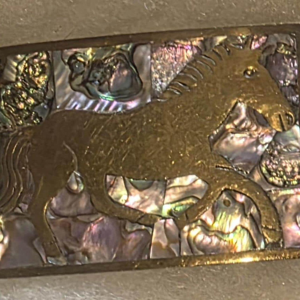 Vintage Metal Belt Buckle, Abalone and Pony Design, Horse, Mustang, Nice Western Style Design