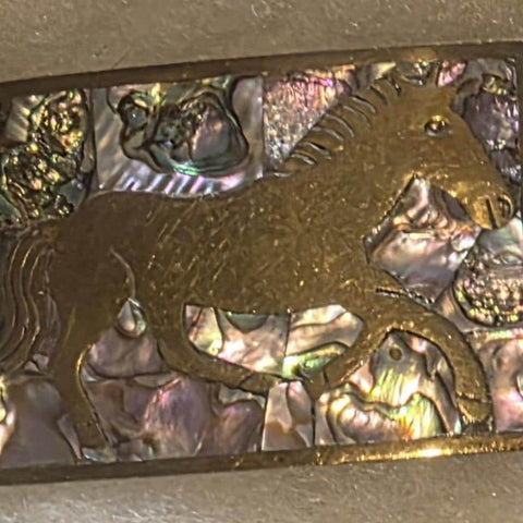 Vintage Metal Belt Buckle, Abalone and Pony Design, Horse, Mustang, Nice Western Style Design