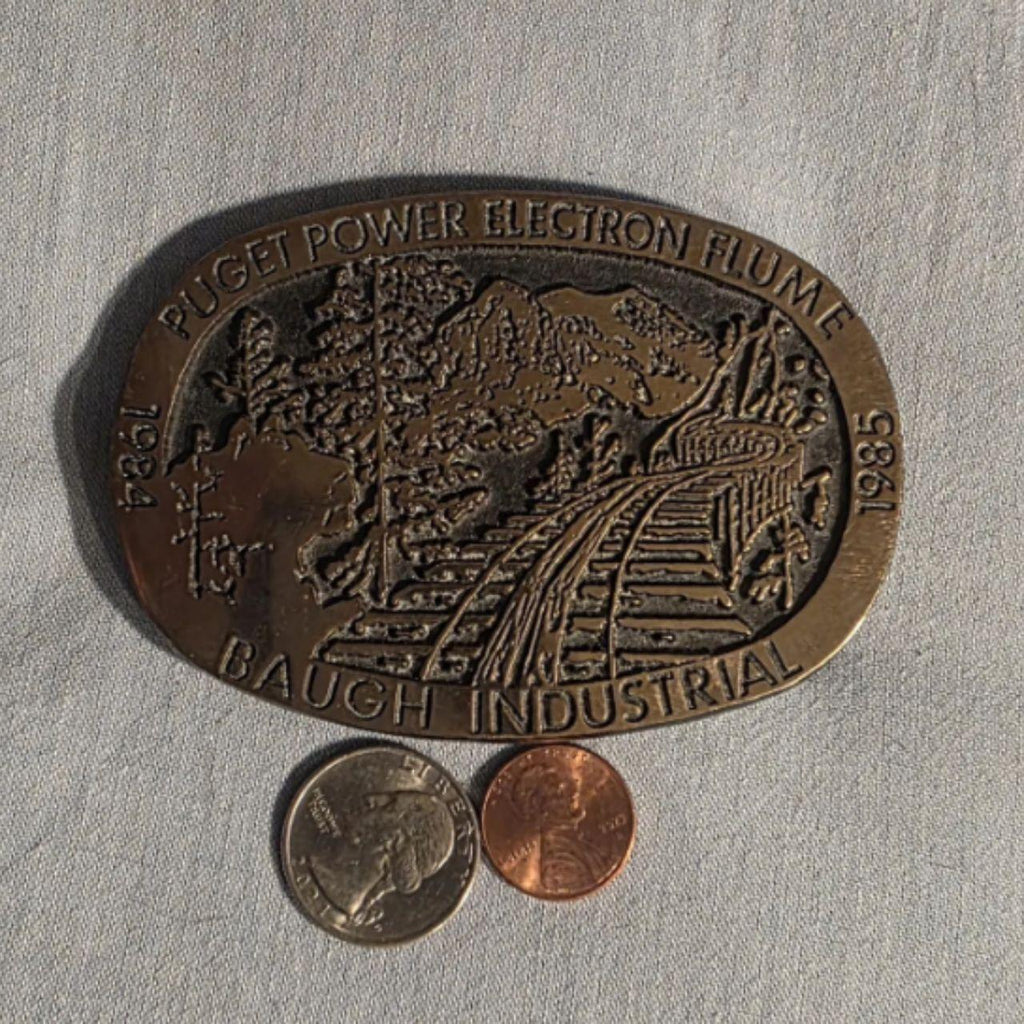 Vintage 1985 Metal Belt Buckle, Brass, Puget Power Electron Flume, Baugh Industrial