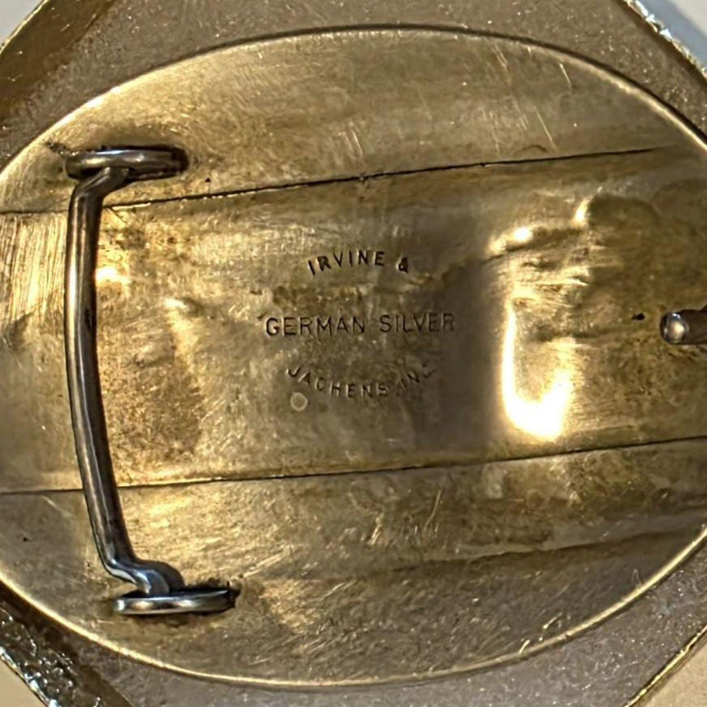 Vintage Metal Belt Buckle,  German Silver and Brass, Horse, Pony, Irvine & Jachens, Does Have A Dent, Can Be Pounded Out or Left