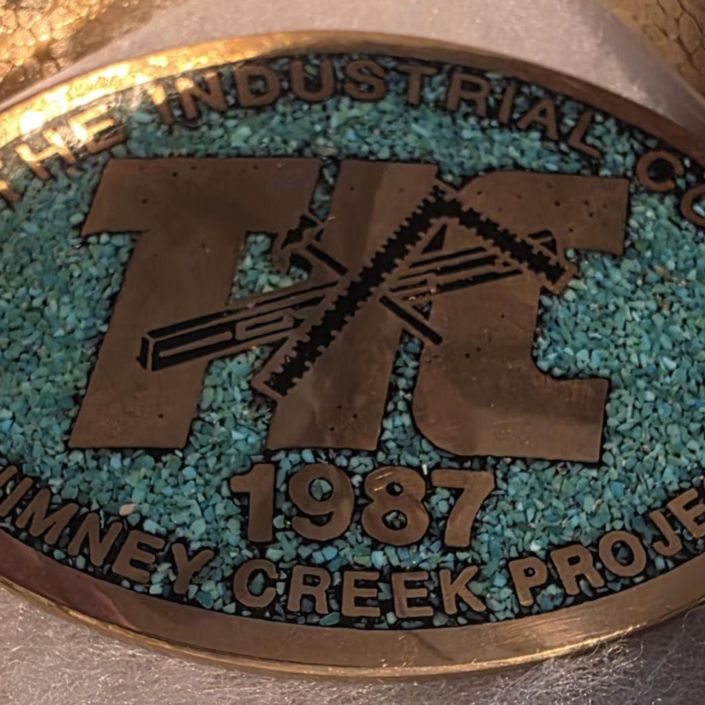 Vintage 1987 Metal Belt Buckle, Solid Brass, Blue Crushed Turquoise Stones, TIC, The Industrial Co., Chimney Creek Project