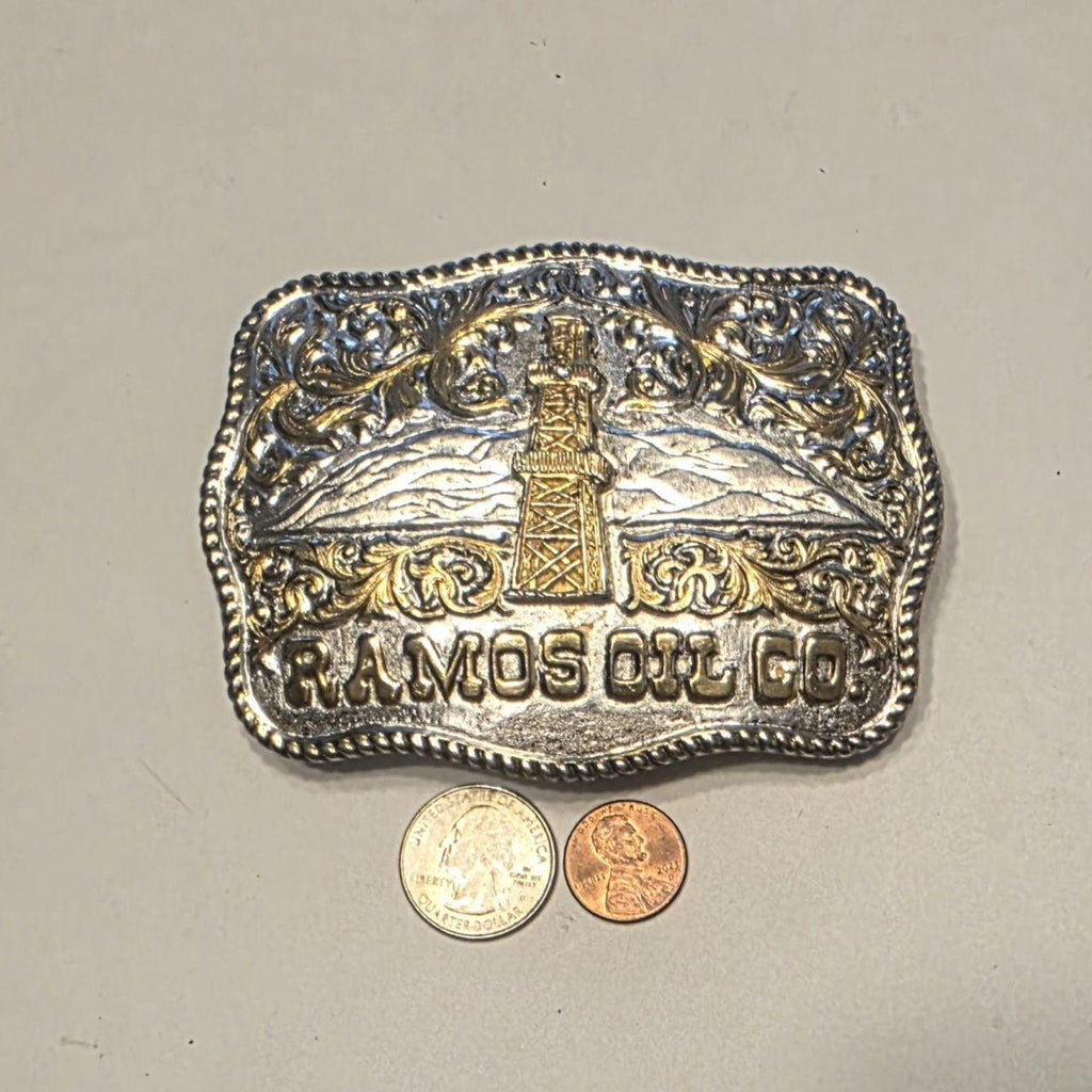 Vintage Metal Belt Buckle, Silver and Brass, Ramos Oil Co., Petroleum, Derrick, Well, Energy, Bulk Fuel, Crumrine, Nice Western Design