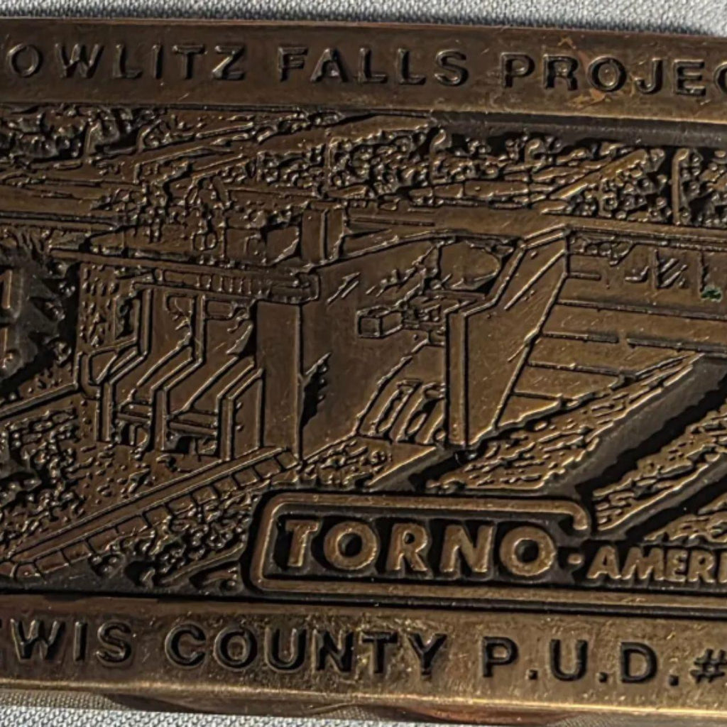 Vintage 1992 Metal Belt Buckle, Brass, Cowlitz Falls Project, Torno, Lewis County, Nice Western Design