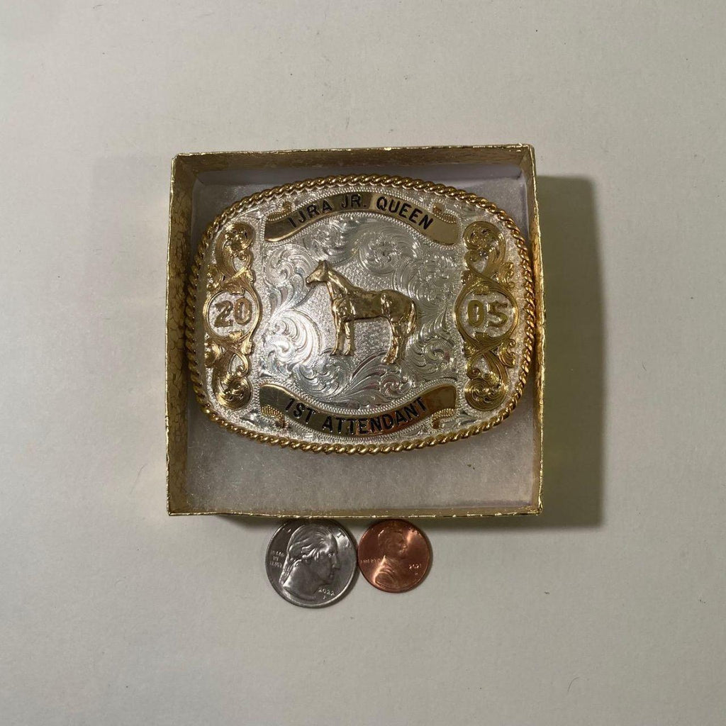 Vintage 2005 Metal Belt Buckle, IJRA Jr. Queen, 1st Attendant, Silver and Brass, Horse, Montana Silversmiths, Purple Stones, Nice Western Design