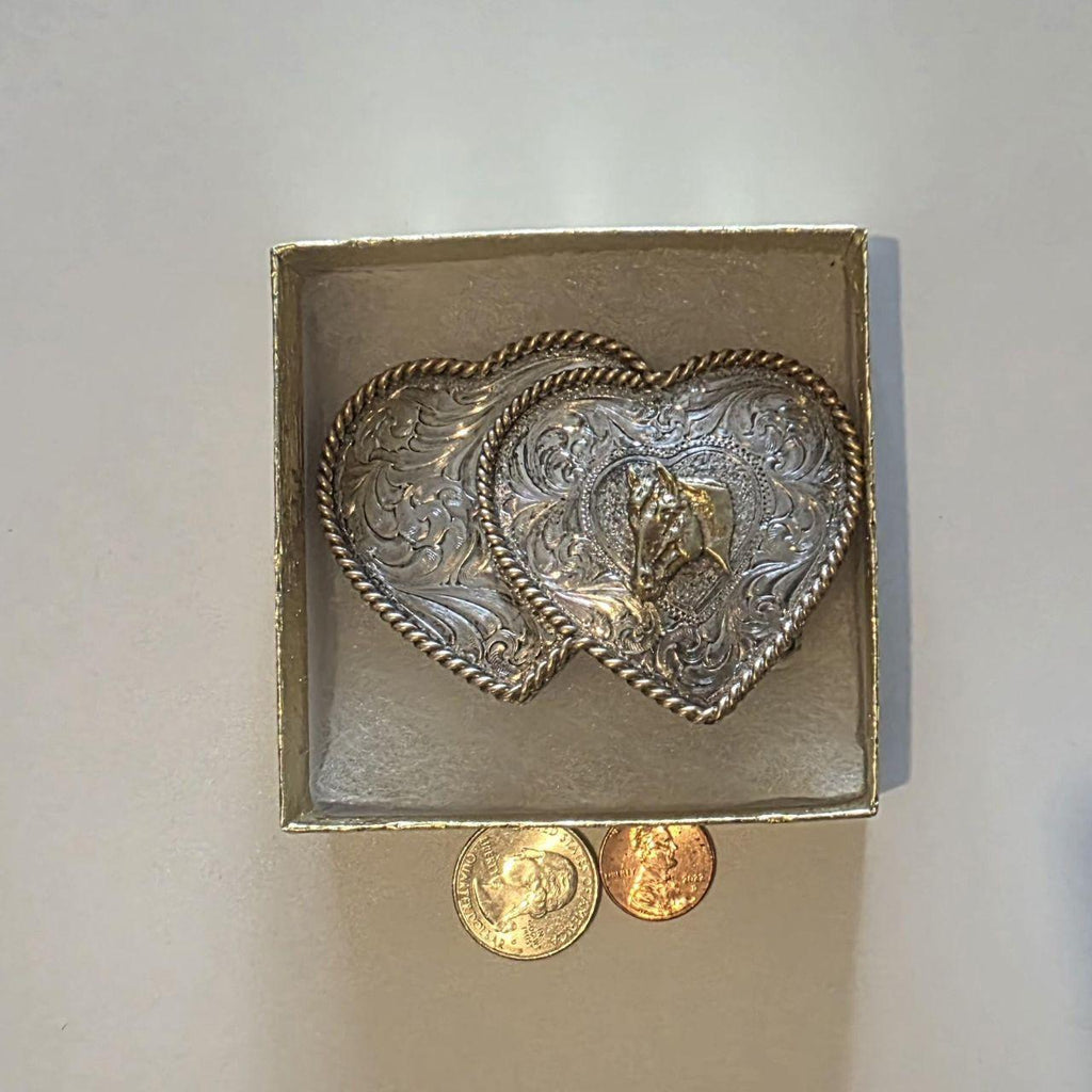 Vintage Metal Belt Buckle, Nice Silver and Brass, Double Hearts, Horse, Montana Silversmiths