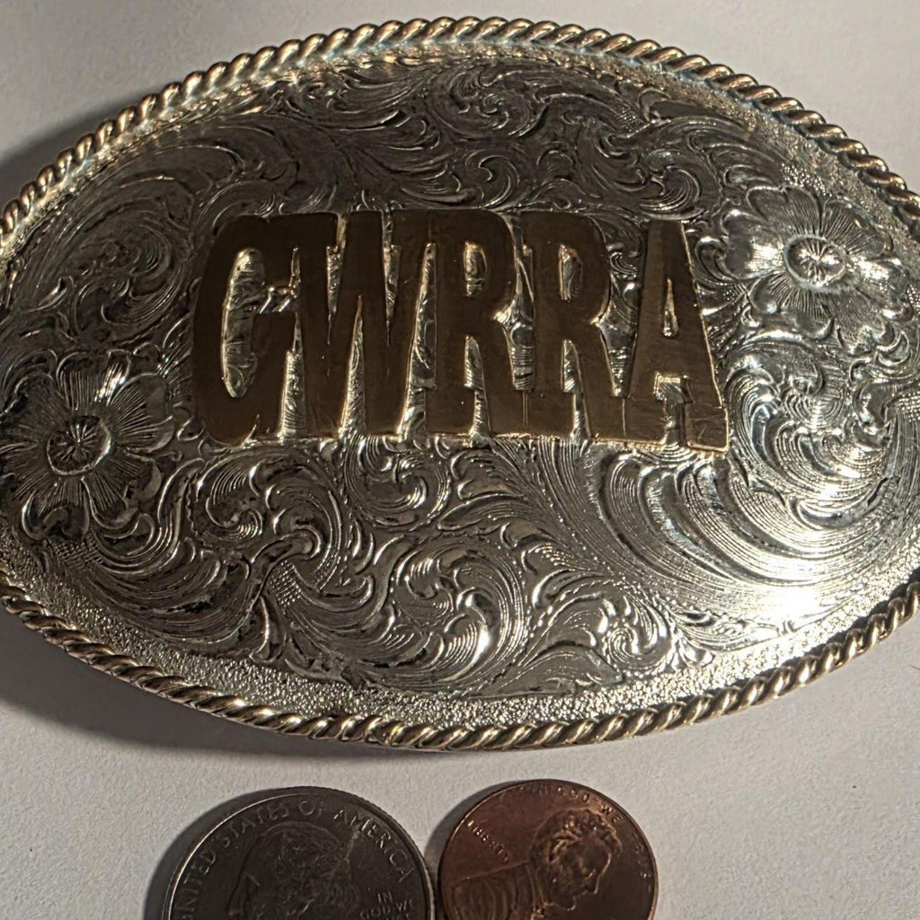 Vintage Metal Belt Buckle, Silver and Brass, Gold Wing Road Riders Association, Motorcycle, Big Size, Nice Western Style Design, 4 1/4" x 3"