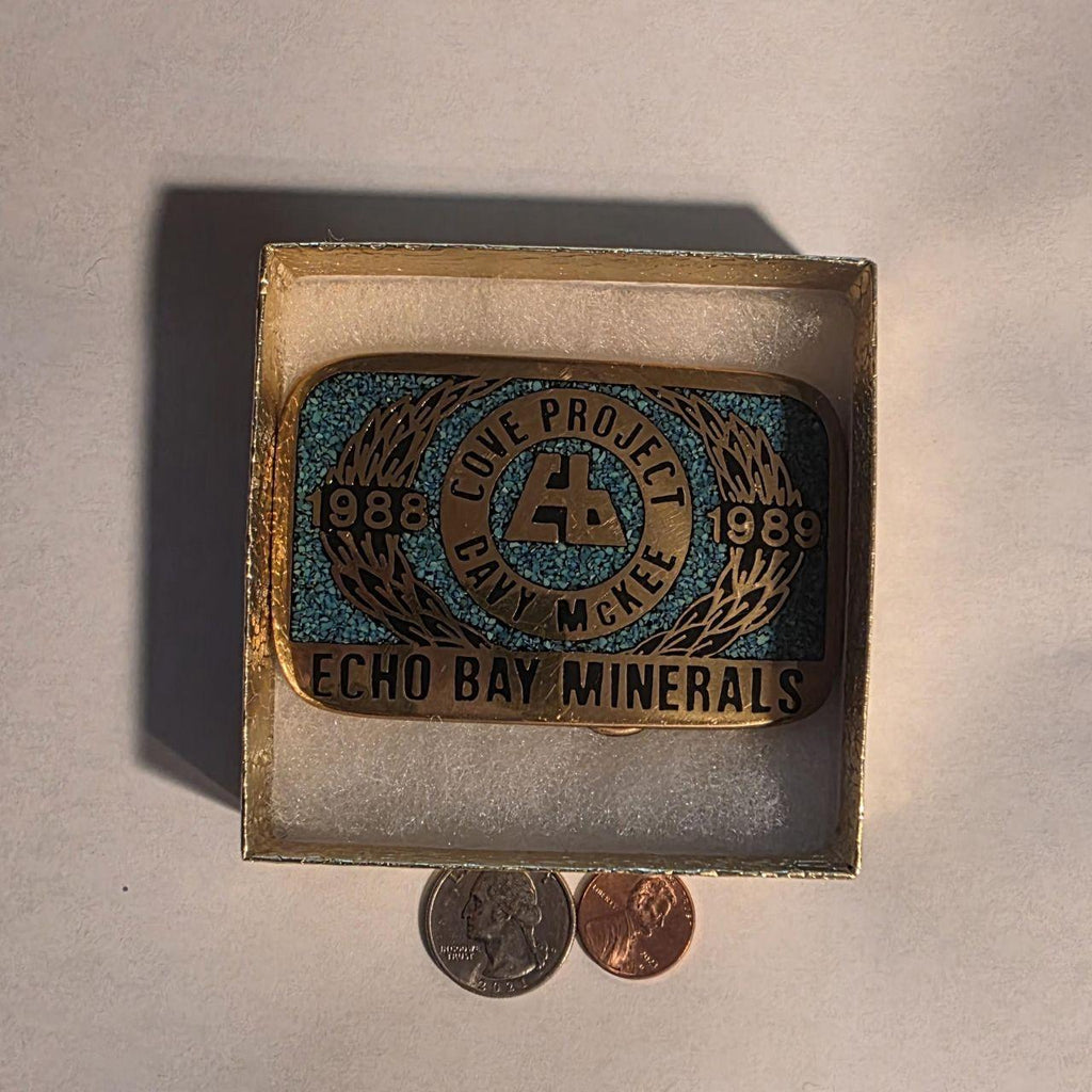 Vintage 1989 Metal Belt Buckle, Solid Brass, Blue Crushed Turquoise Stones, Cove Project, Davy McKee, Echo Bay Minerals