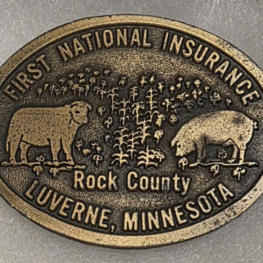 Vintage Metal Belt Buckle, Brass, First National Insurance, Rock County, Luverne Minnesota, Nice Western Style Design